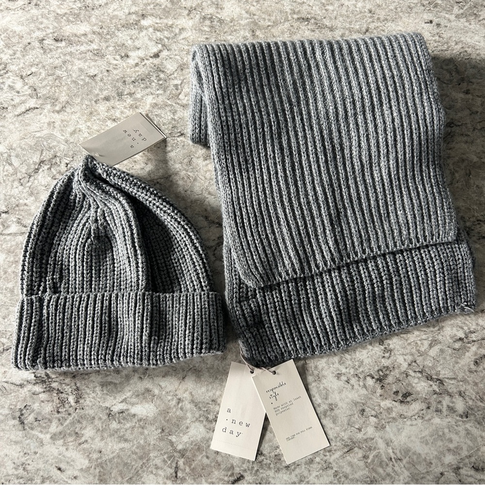 Gray Knitted Hat and Scarf Set, Gray Beanie, Gray Scarf